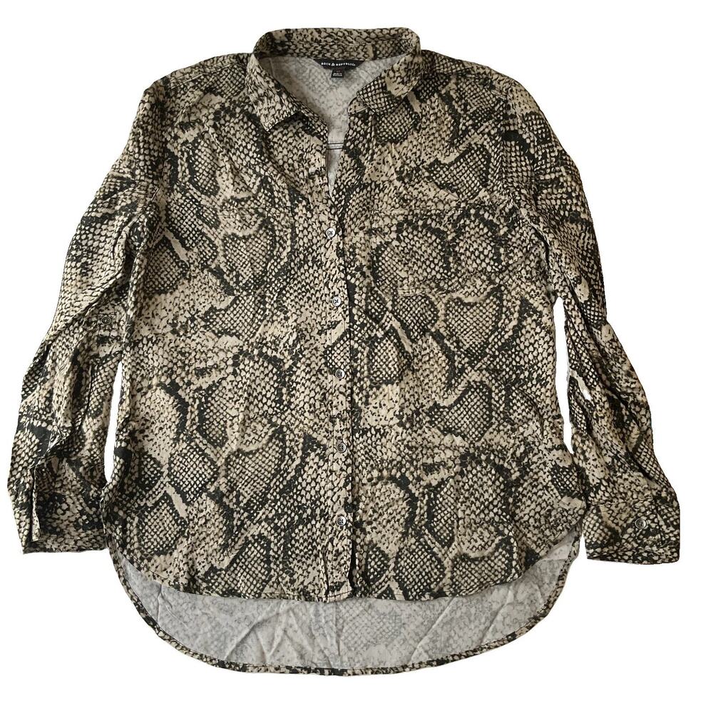 Rock & Republic Women Button Up Shirt M Beige Animal Print Collared long sleeve